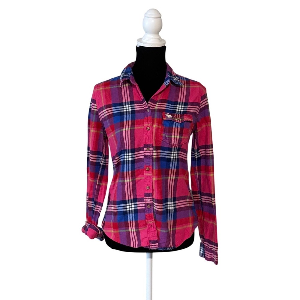 Abercrombie Fitch Plaid Button Up Shirt Womens M Pink Blue Preppy Casual Flannel